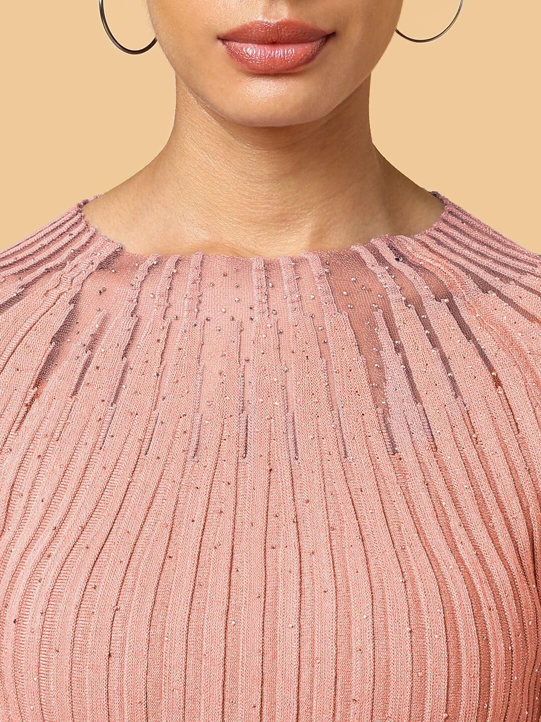 Women's Self Design Peach Round Neck Crochet Top
