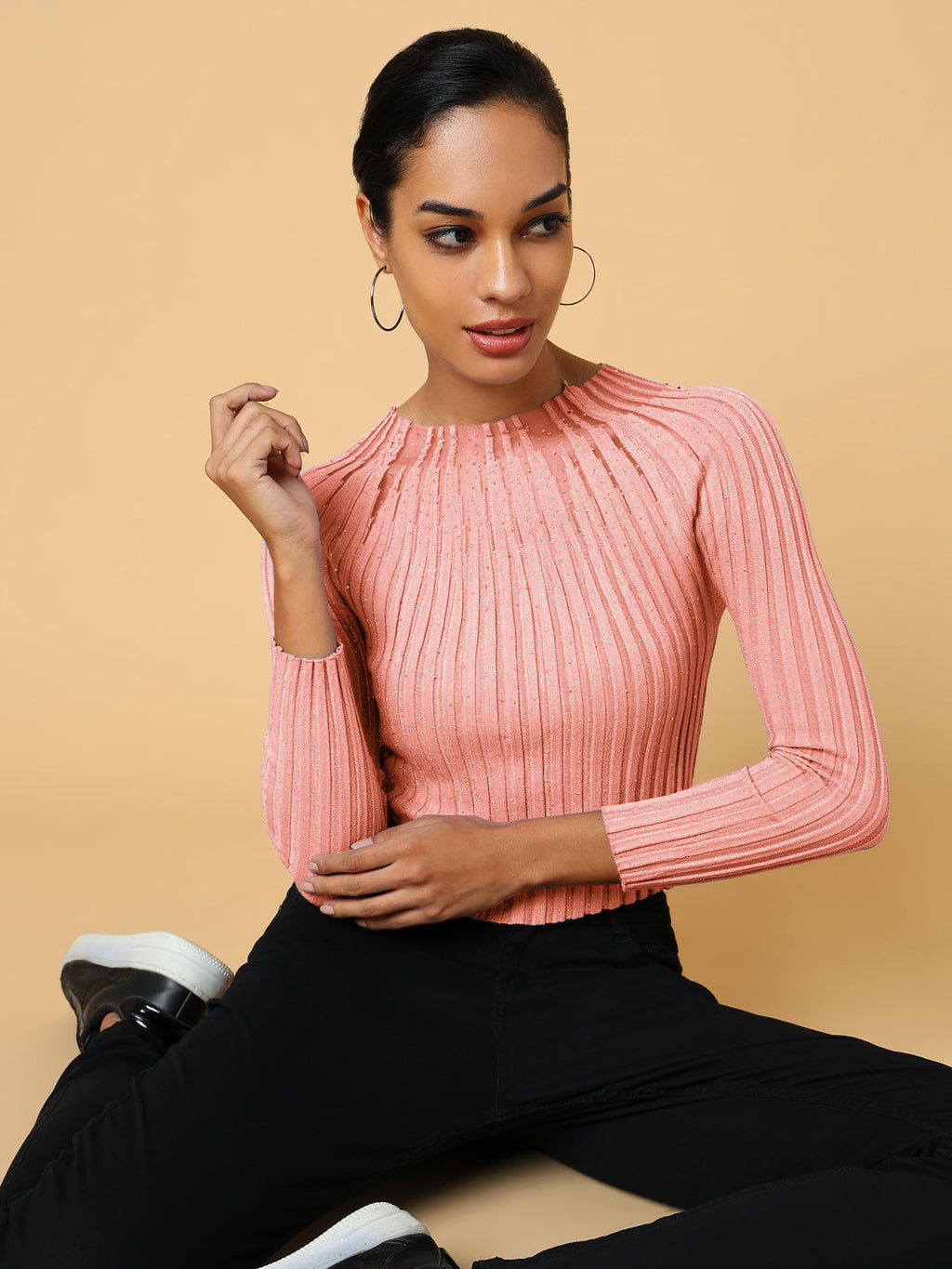 Women's Self Design Peach Round Neck Crochet Top
