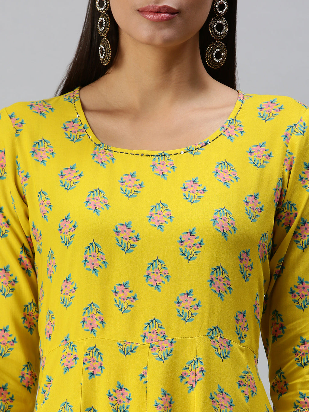 Women's Yellow Ethnic Motifs Printed Thread Work Anarkali Kurta