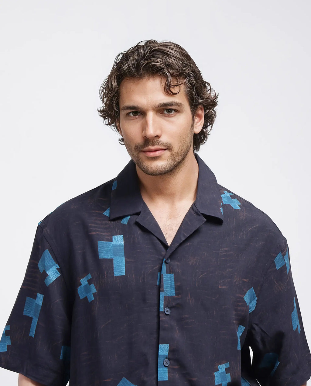 Rare Rabbit Men's Riko Dark Brown Viscose Abstract Print Oversized Fit Half Sleeve Cuban Collar Shirt