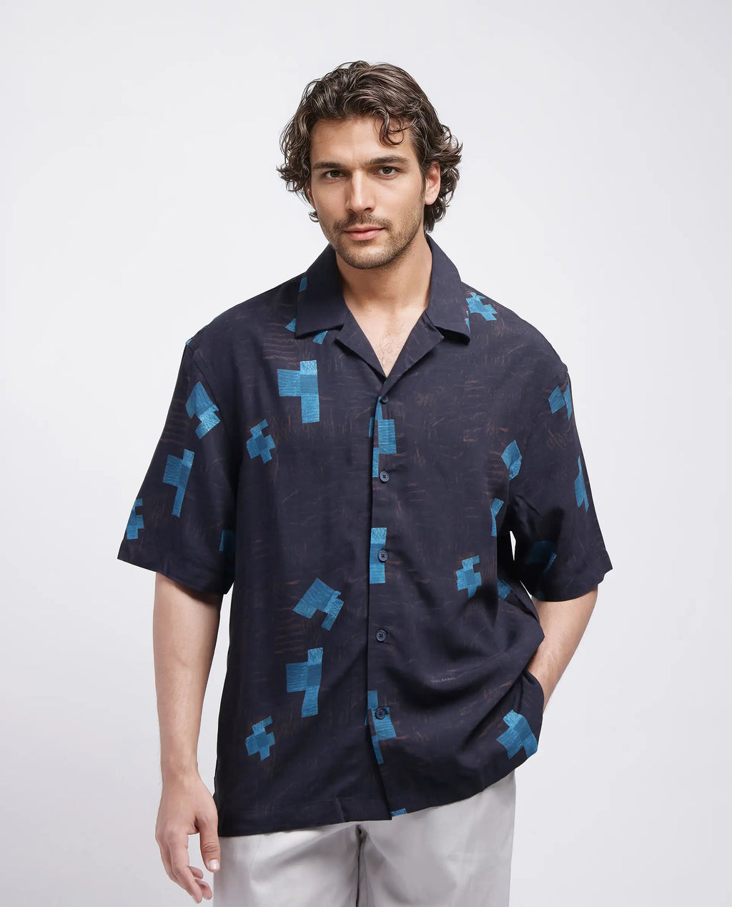 Rare Rabbit Men's Riko Dark Brown Viscose Abstract Print Oversized Fit Half Sleeve Cuban Collar Shirt