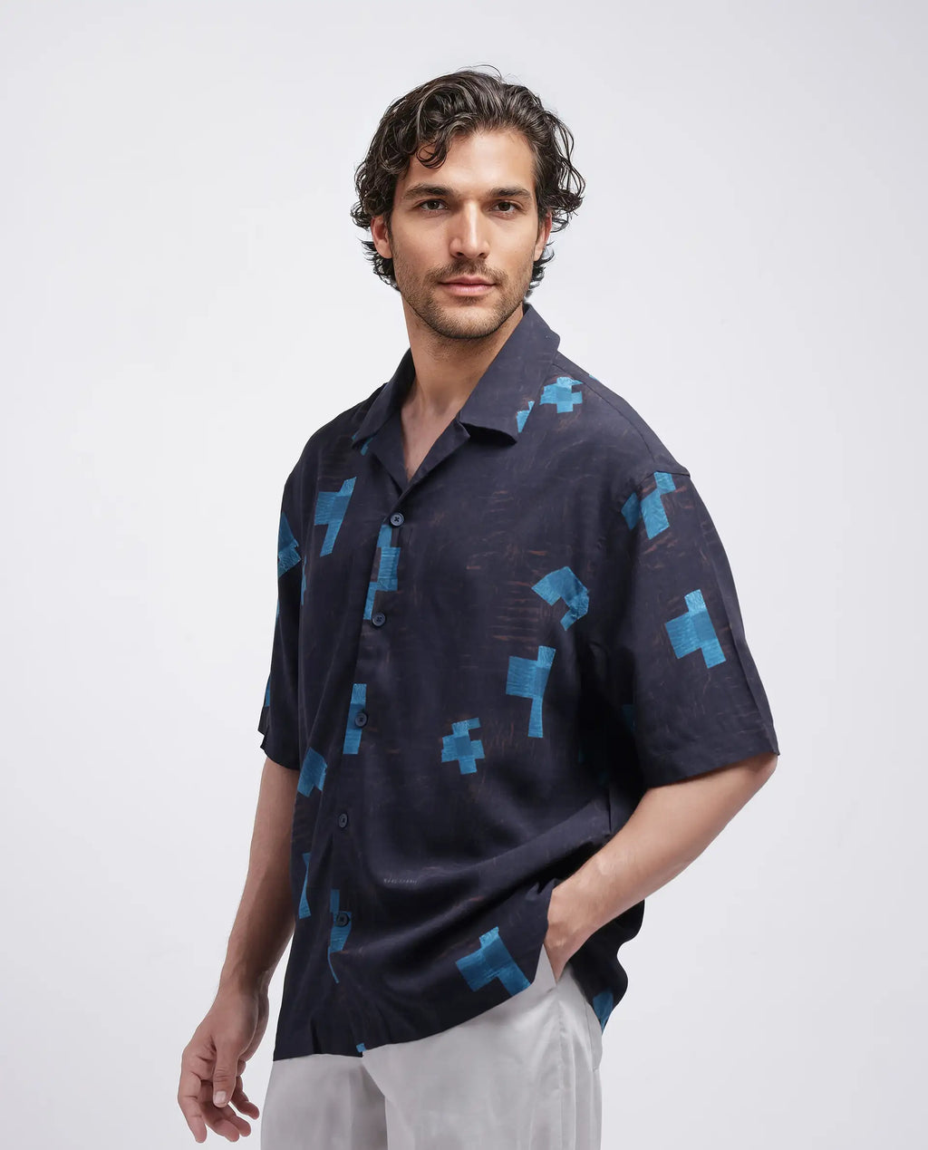 Rare Rabbit Men's Riko Dark Brown Viscose Abstract Print Oversized Fit Half Sleeve Cuban Collar Shirt