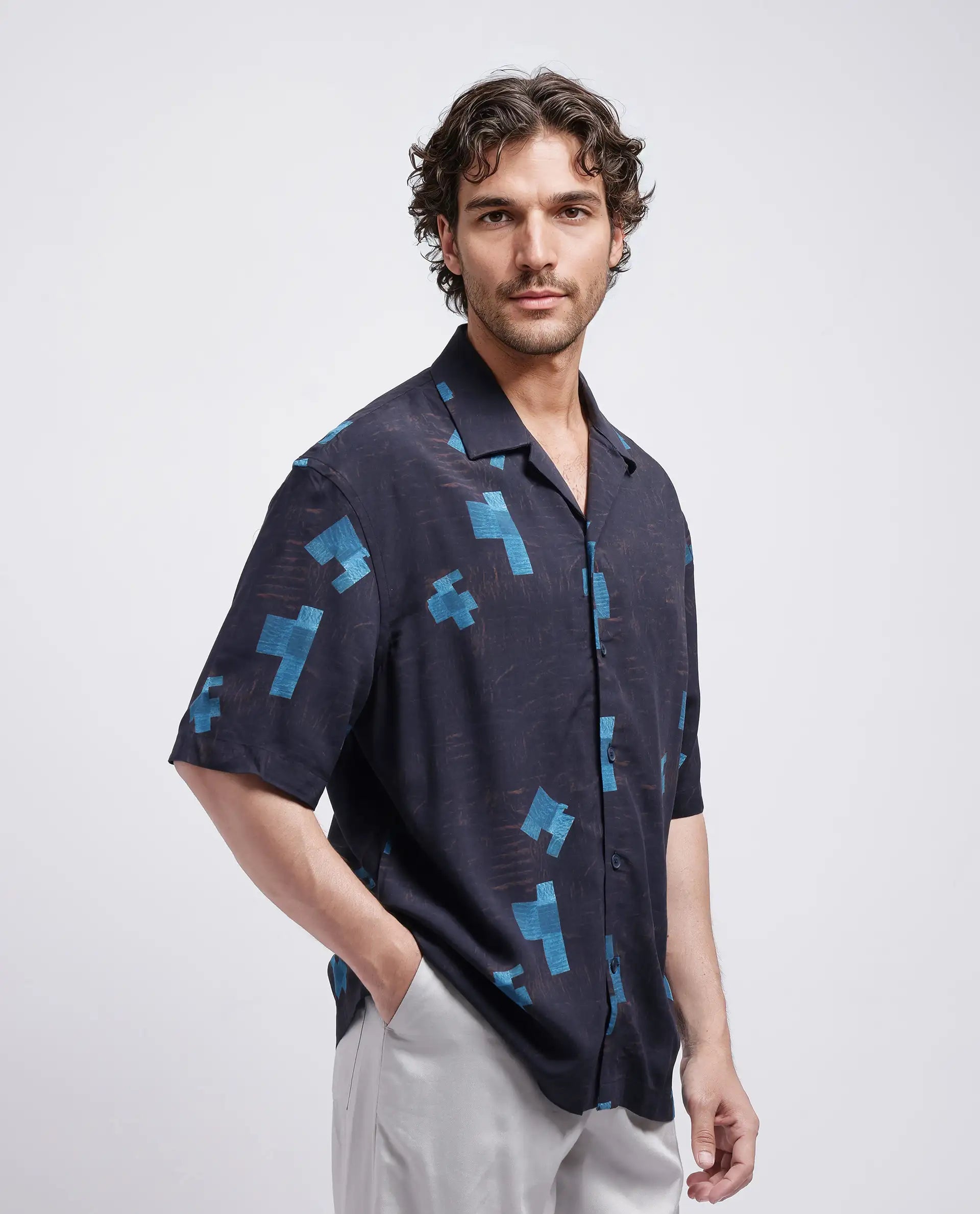 Rare Rabbit Men's Riko Dark Brown Viscose Abstract Print Oversized Fit Half Sleeve Cuban Collar Shirt