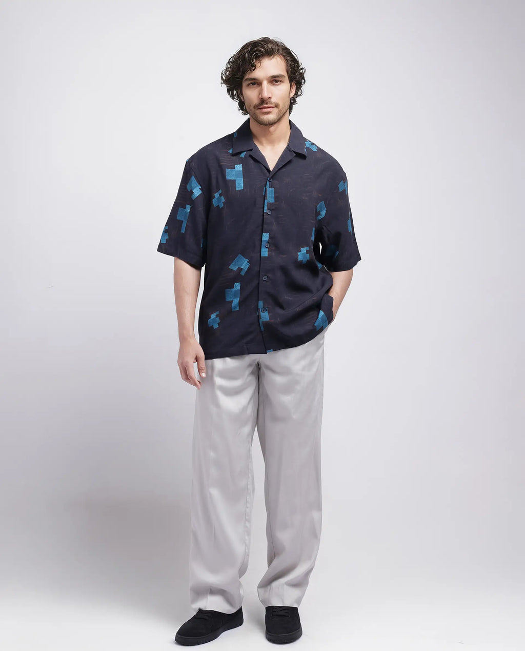 Rare Rabbit Men's Riko Dark Brown Viscose Abstract Print Oversized Fit Half Sleeve Cuban Collar Shirt