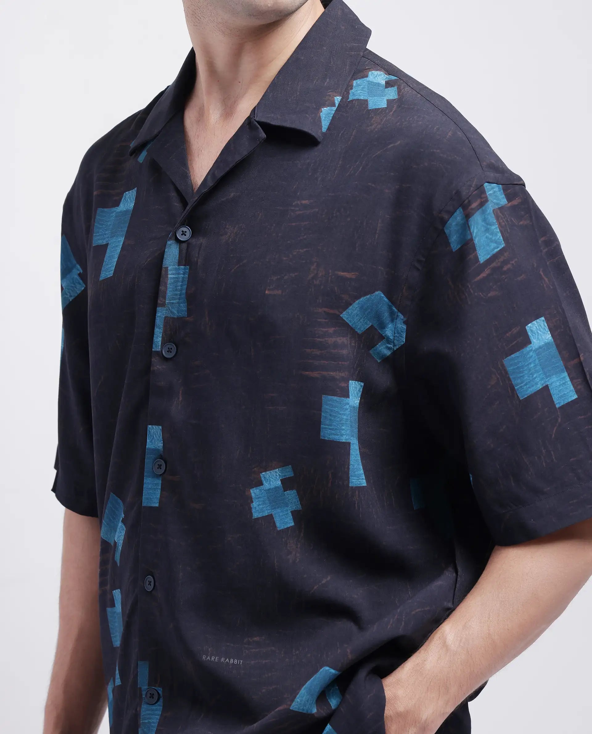 Rare Rabbit Men's Riko Dark Brown Viscose Abstract Print Oversized Fit Half Sleeve Cuban Collar Shirt