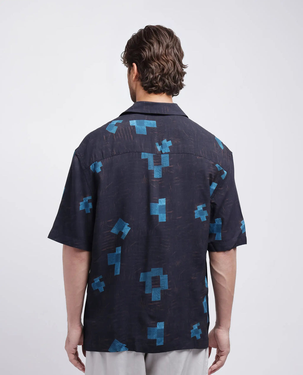 Rare Rabbit Men's Riko Dark Brown Viscose Abstract Print Oversized Fit Half Sleeve Cuban Collar Shirt