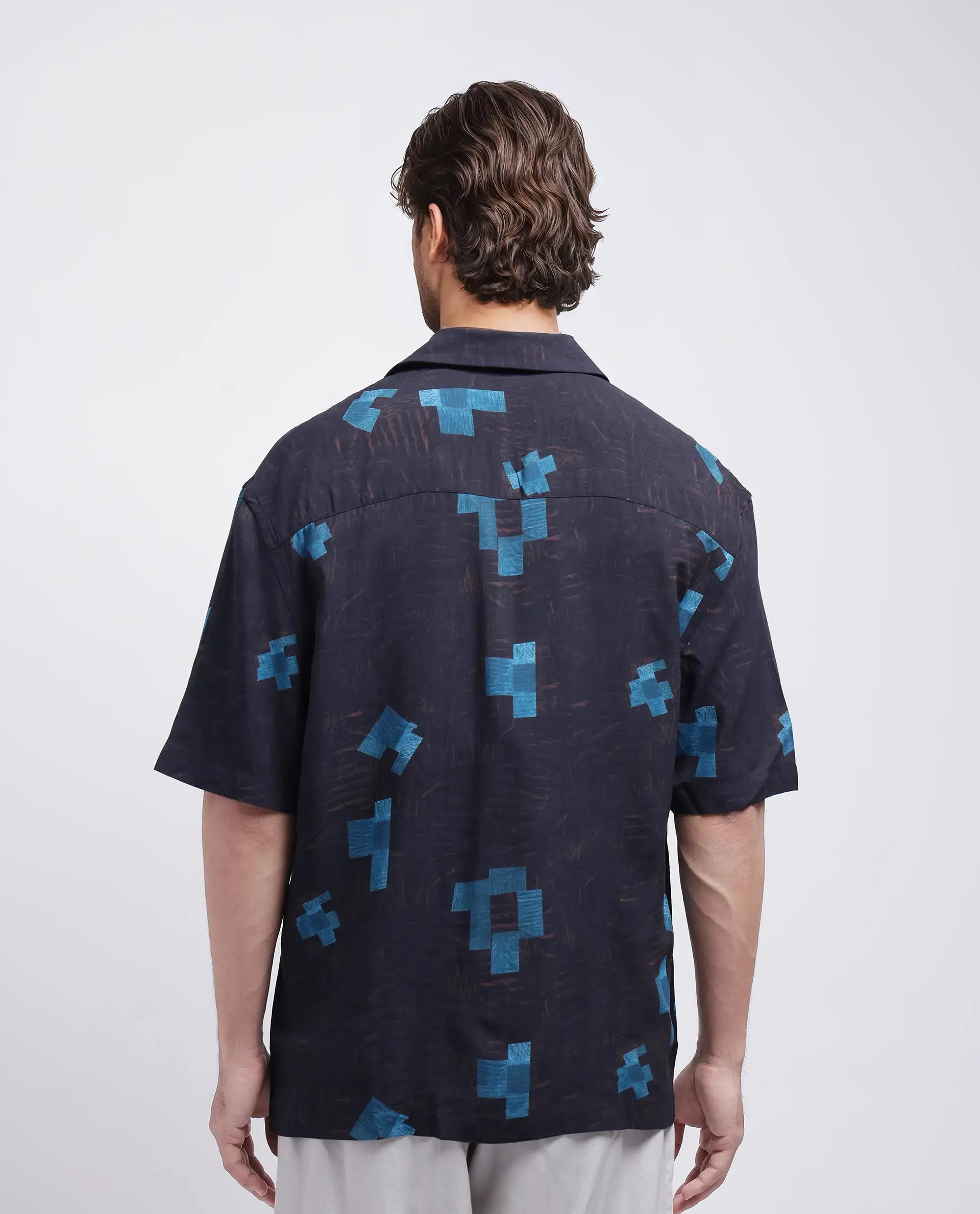 Rare Rabbit Men's Riko Dark Brown Viscose Abstract Print Oversized Fit Half Sleeve Cuban Collar Shirt