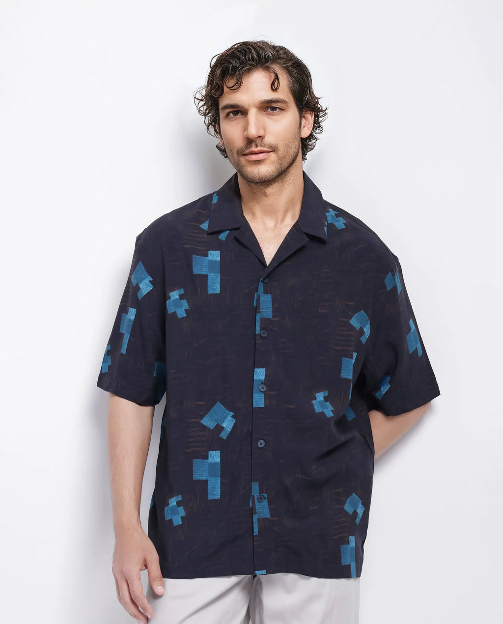 Rare Rabbit Men's Riko Dark Brown Viscose Abstract Print Oversized Fit Half Sleeve Cuban Collar Shirt