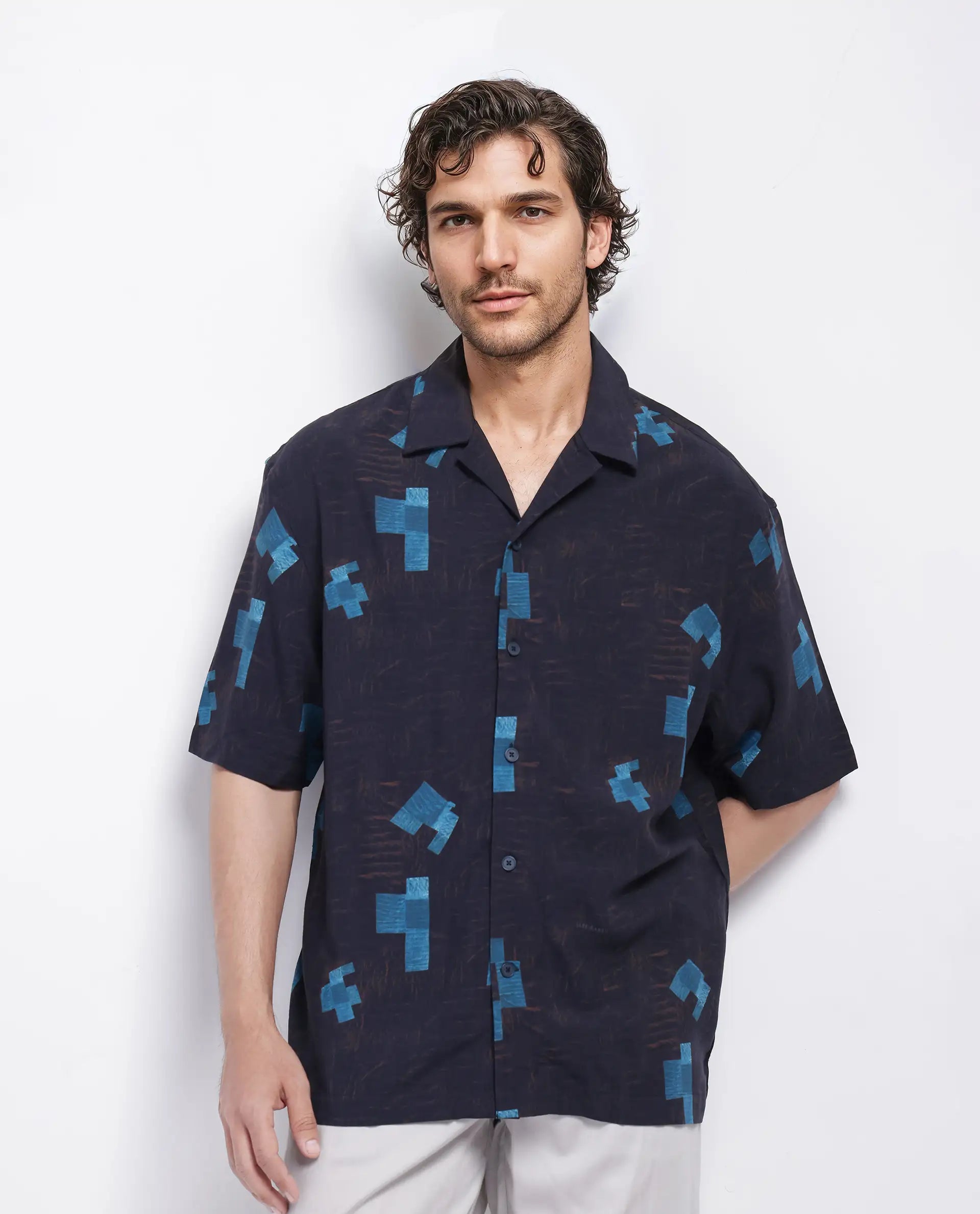 Rare Rabbit Men's Riko Dark Brown Viscose Abstract Print Oversized Fit Half Sleeve Cuban Collar Shirt