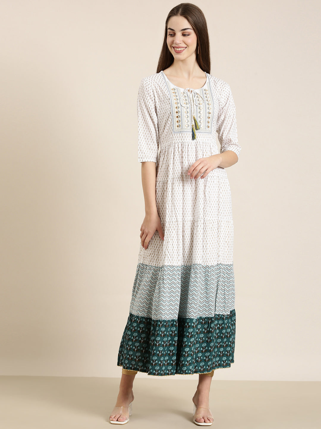 Women's Off White Floral Printed Mirror Work Cotton Anarkali Kurta