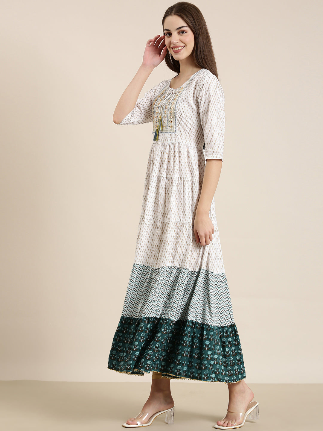 Women's Off White Floral Printed Mirror Work Cotton Anarkali Kurta