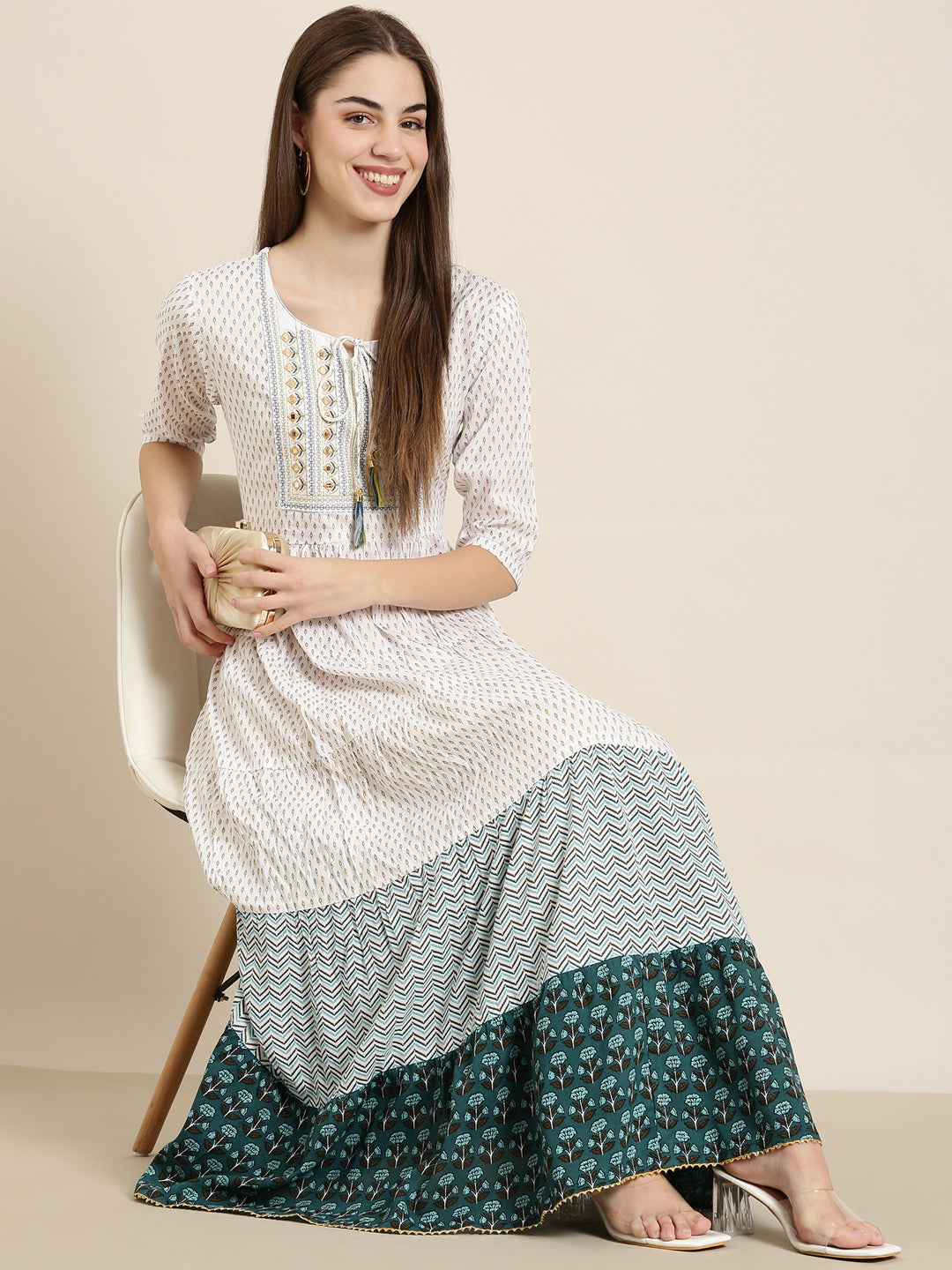 Women's Off White Floral Printed Mirror Work Cotton Anarkali Kurta