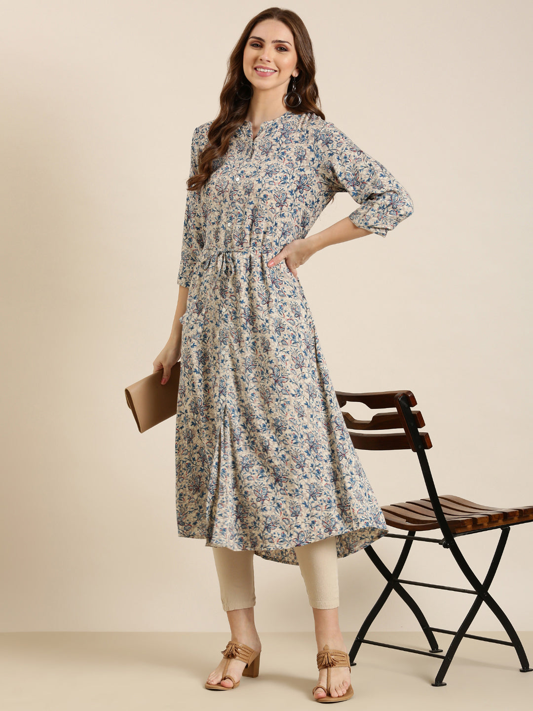 Women's Grey Floral Printed Cotton A-Line Kurta