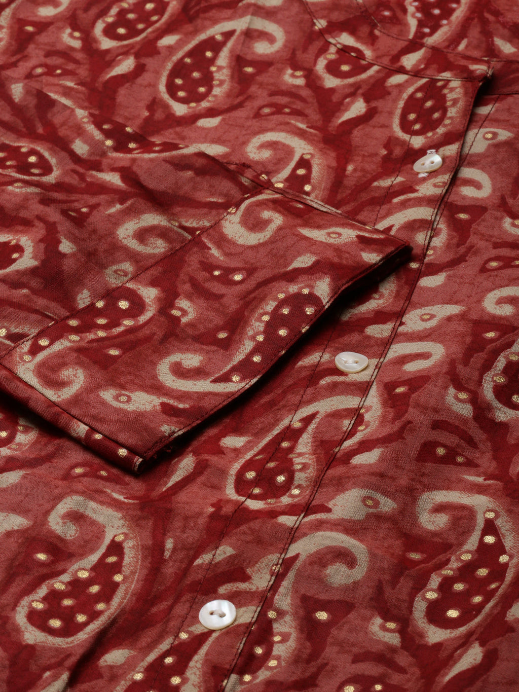 Women's Maroon Ethnic Motifs Printed Band Collar A-Line Kurta