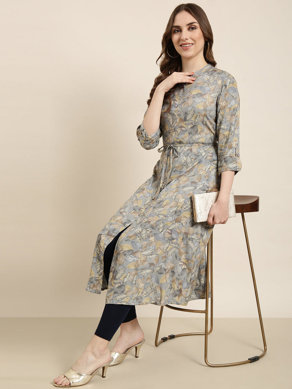 Women's A-Line Grey Floral Kurta