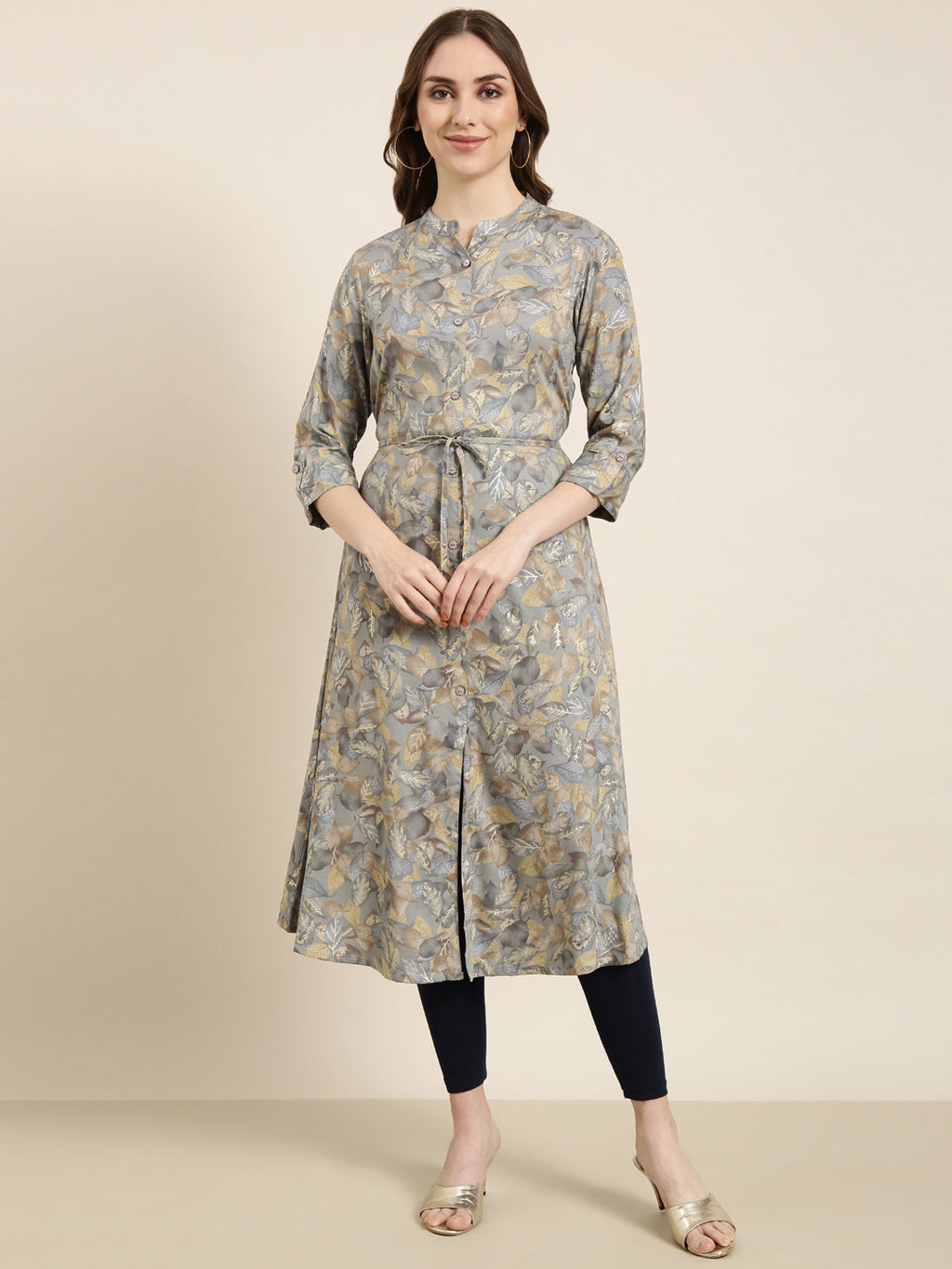 Women's A-Line Grey Floral Kurta