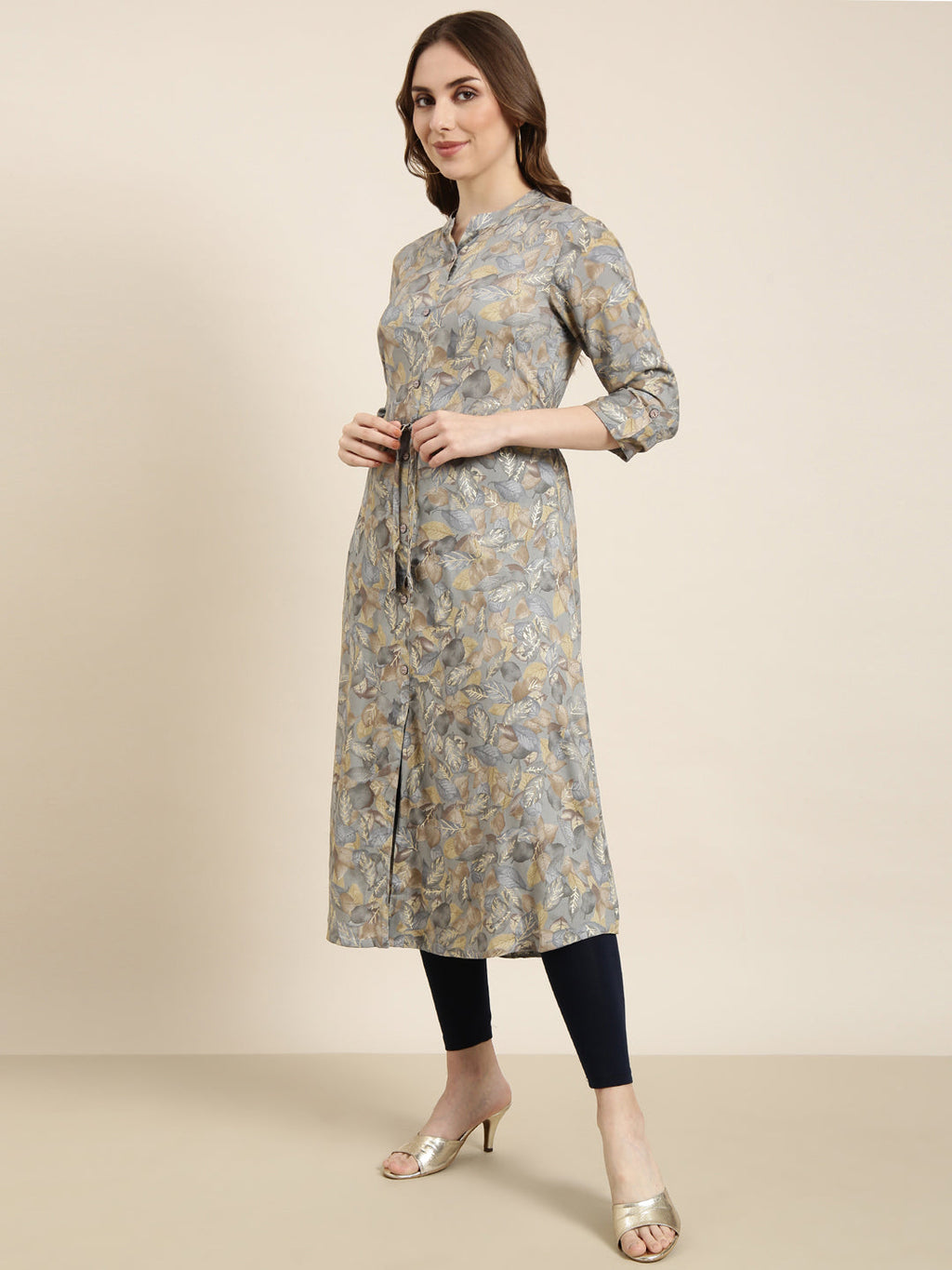 Women's A-Line Grey Floral Kurta