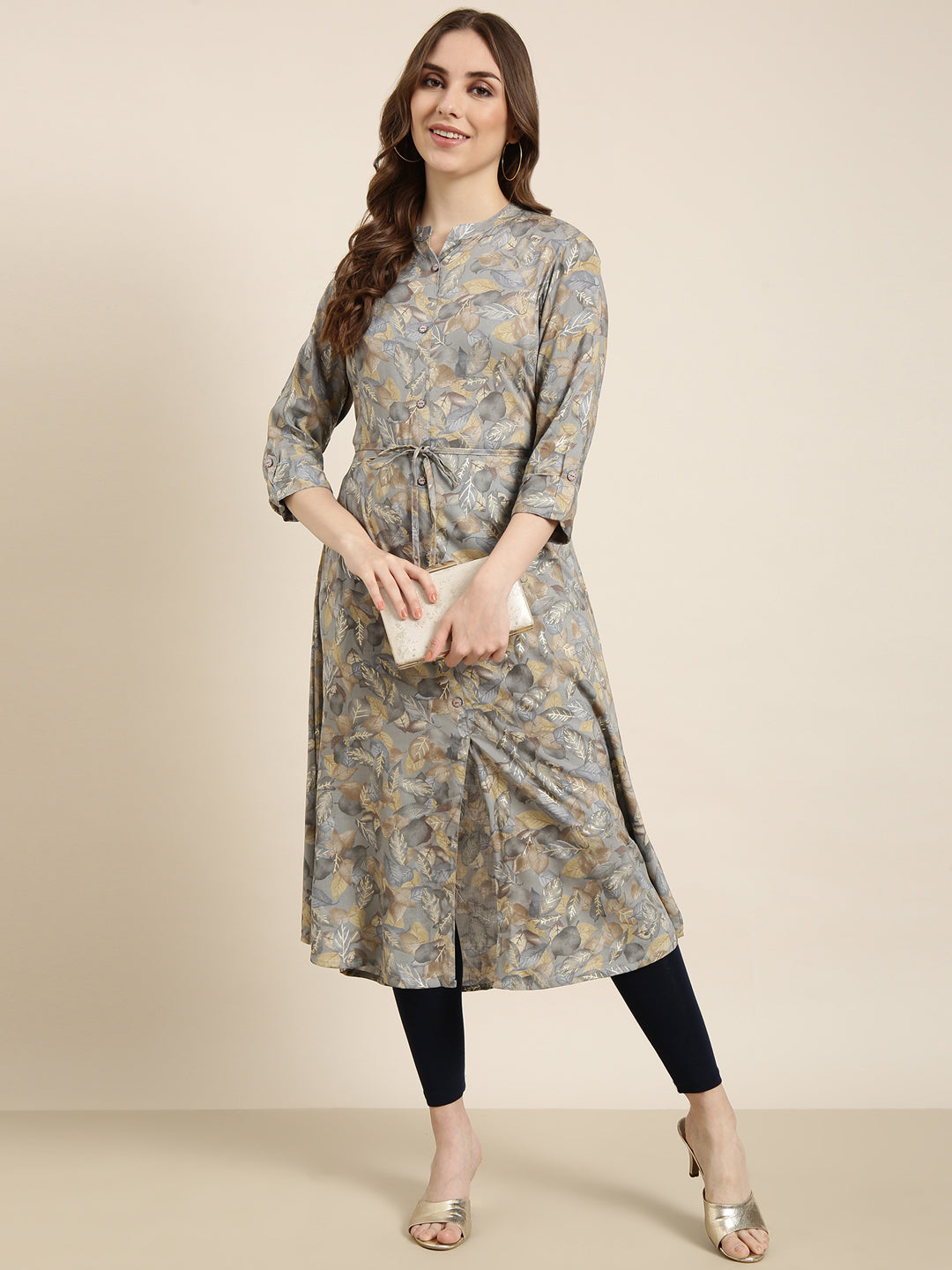 Women's A-Line Grey Floral Kurta