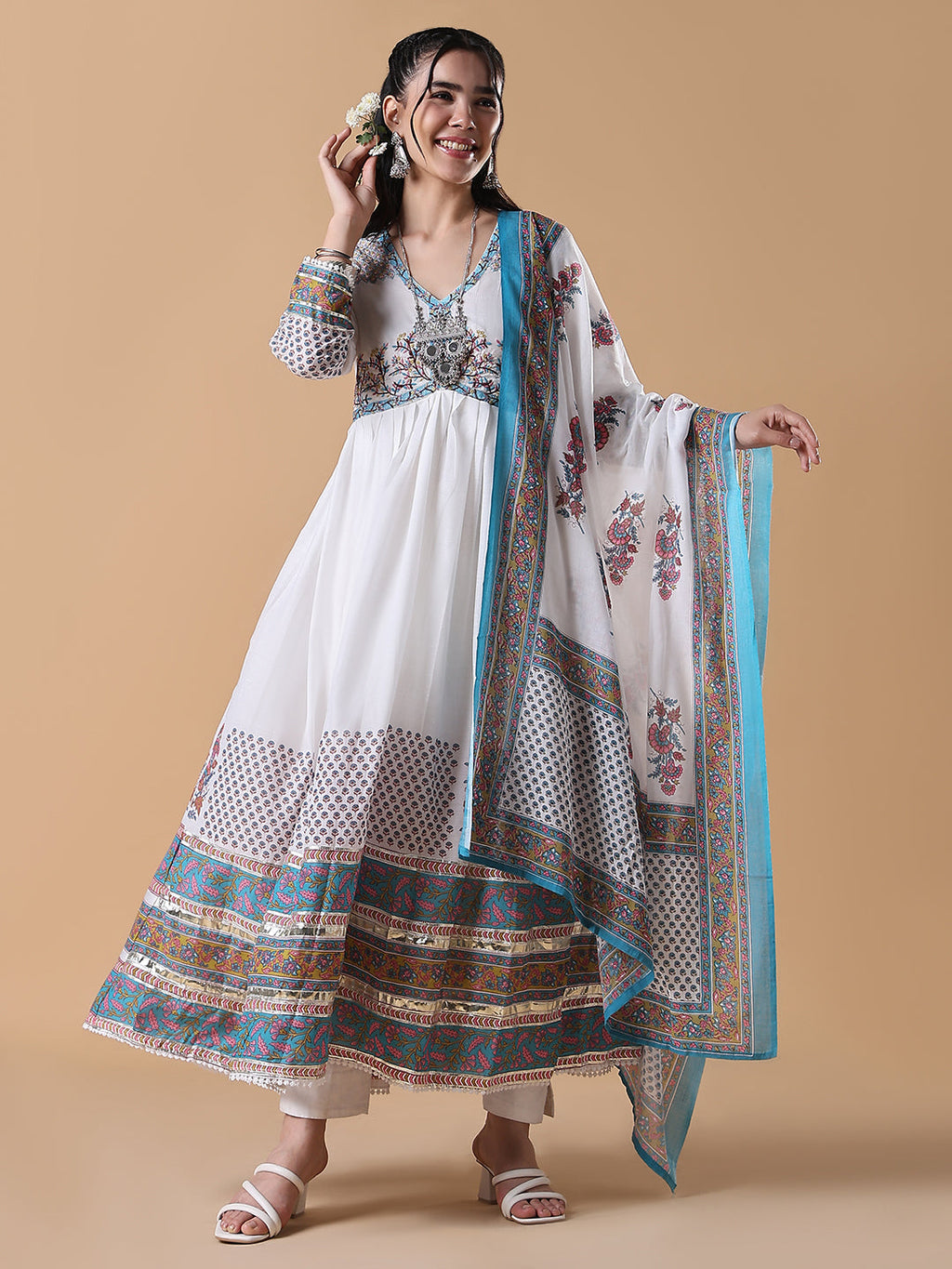 Women's White Printed Cotton Anarkali Kurta with Dupatta