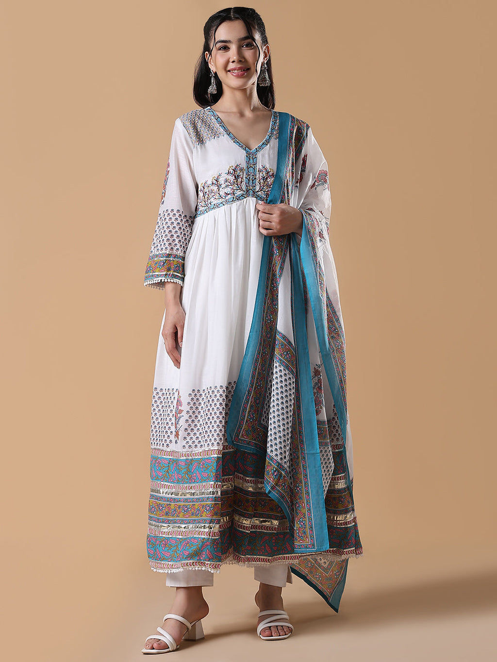 Women's White Printed Cotton Anarkali Kurta with Dupatta