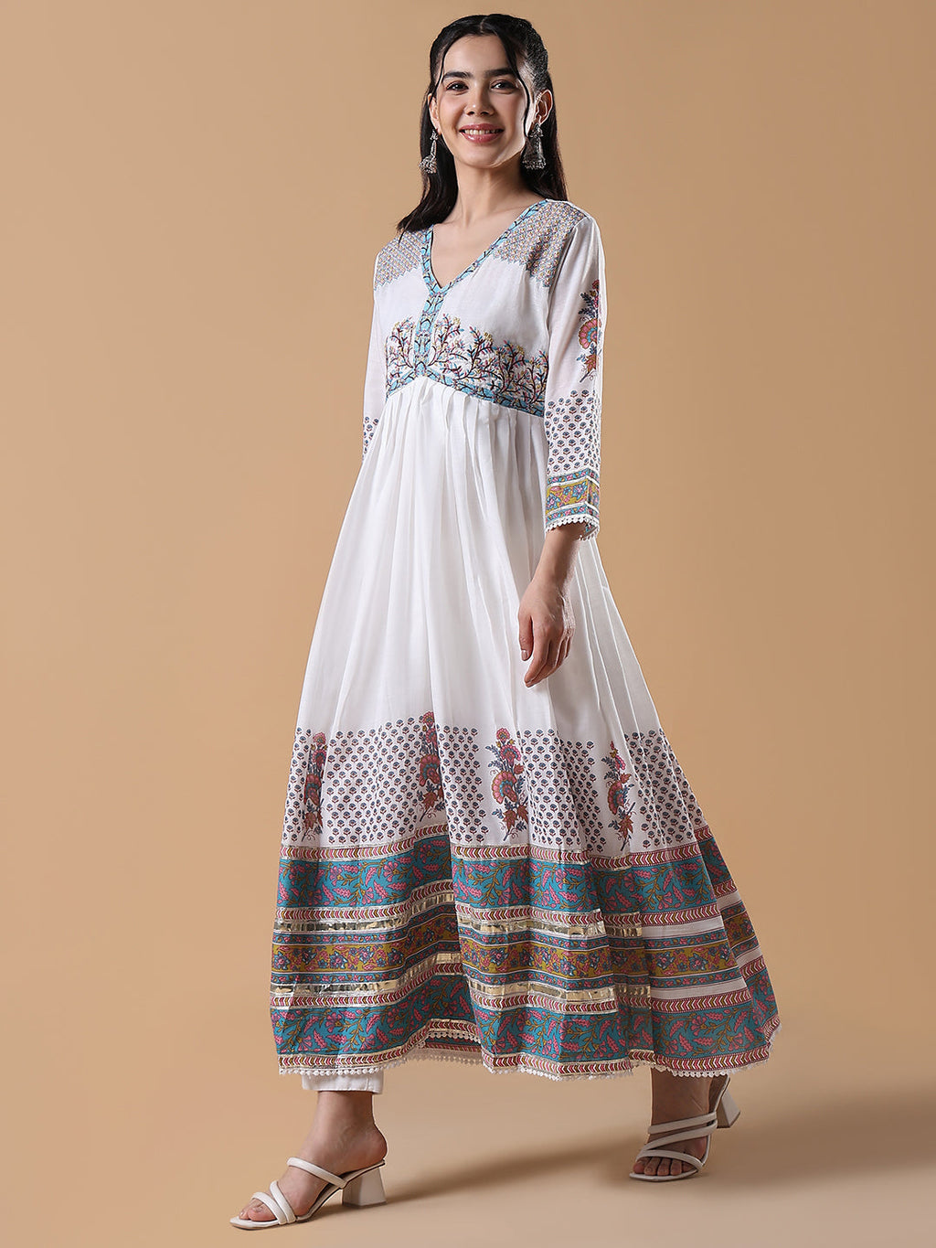 Women's White Printed Cotton Anarkali Kurta with Dupatta