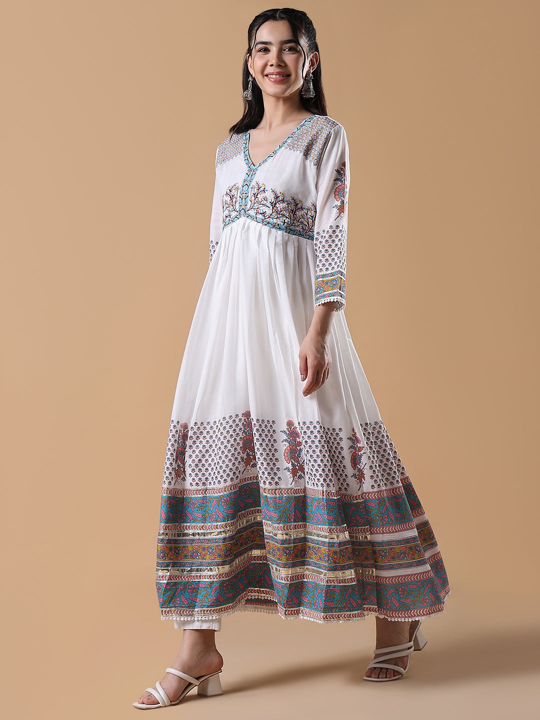 Women's White Printed Cotton Anarkali Kurta with Dupatta