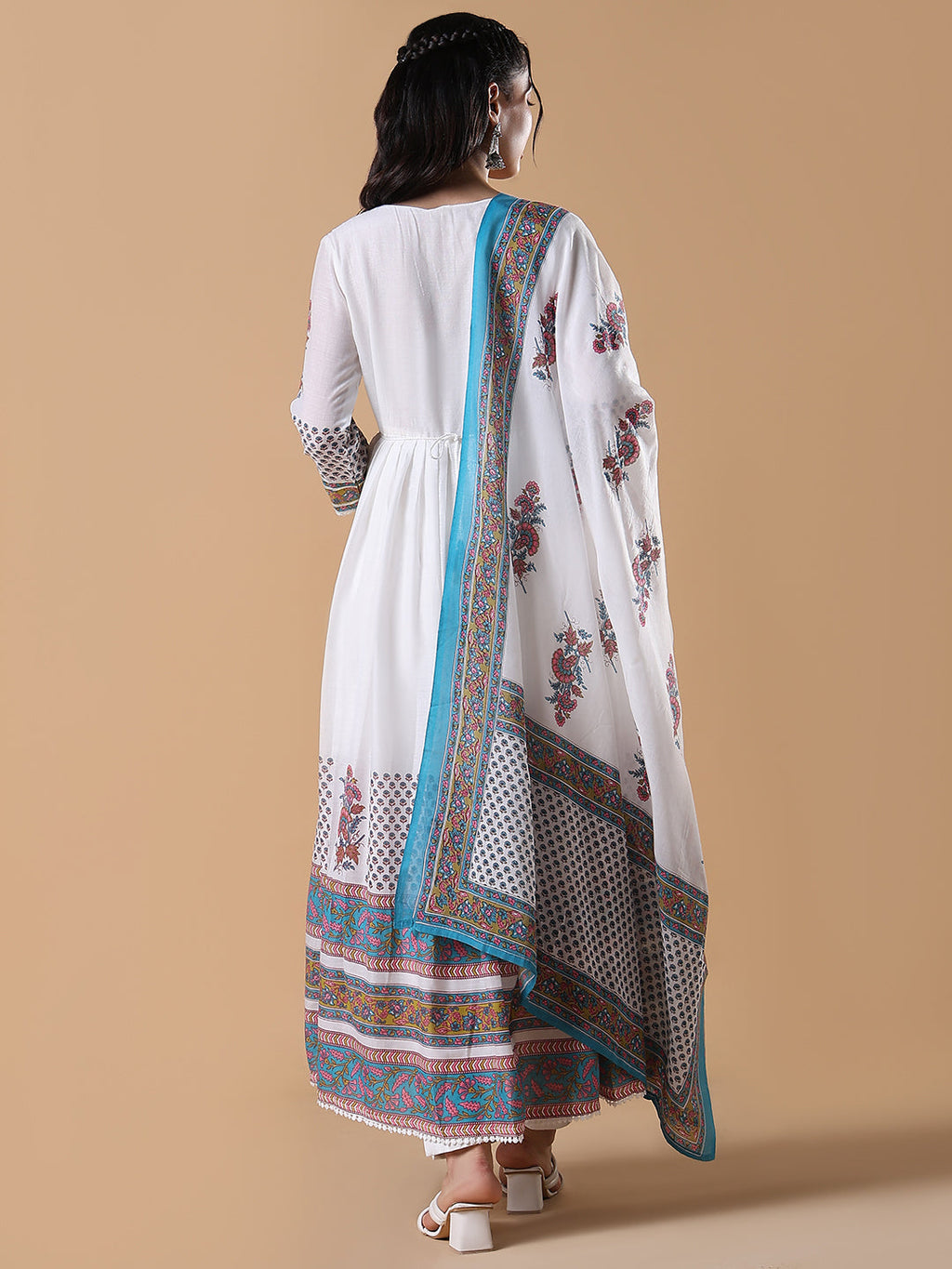 Women's White Printed Cotton Anarkali Kurta with Dupatta