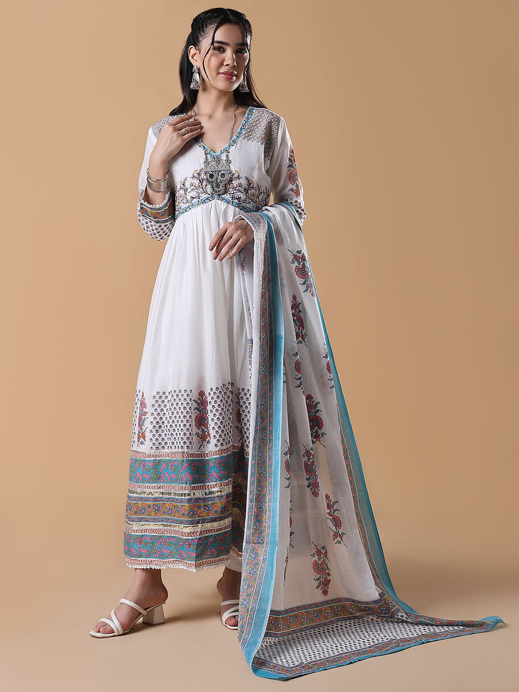 Women's White Printed Cotton Anarkali Kurta with Dupatta