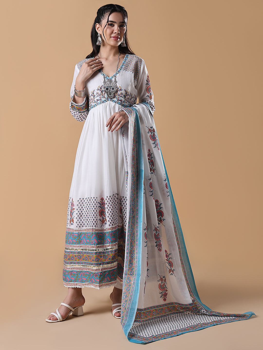 Women's White Printed Cotton Anarkali Kurta with Dupatta