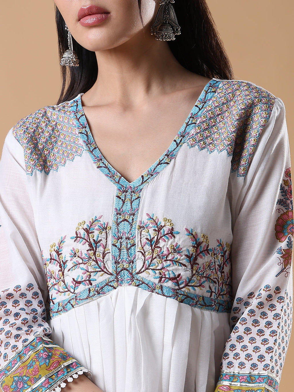 Women's White Printed Cotton Anarkali Kurta with Dupatta