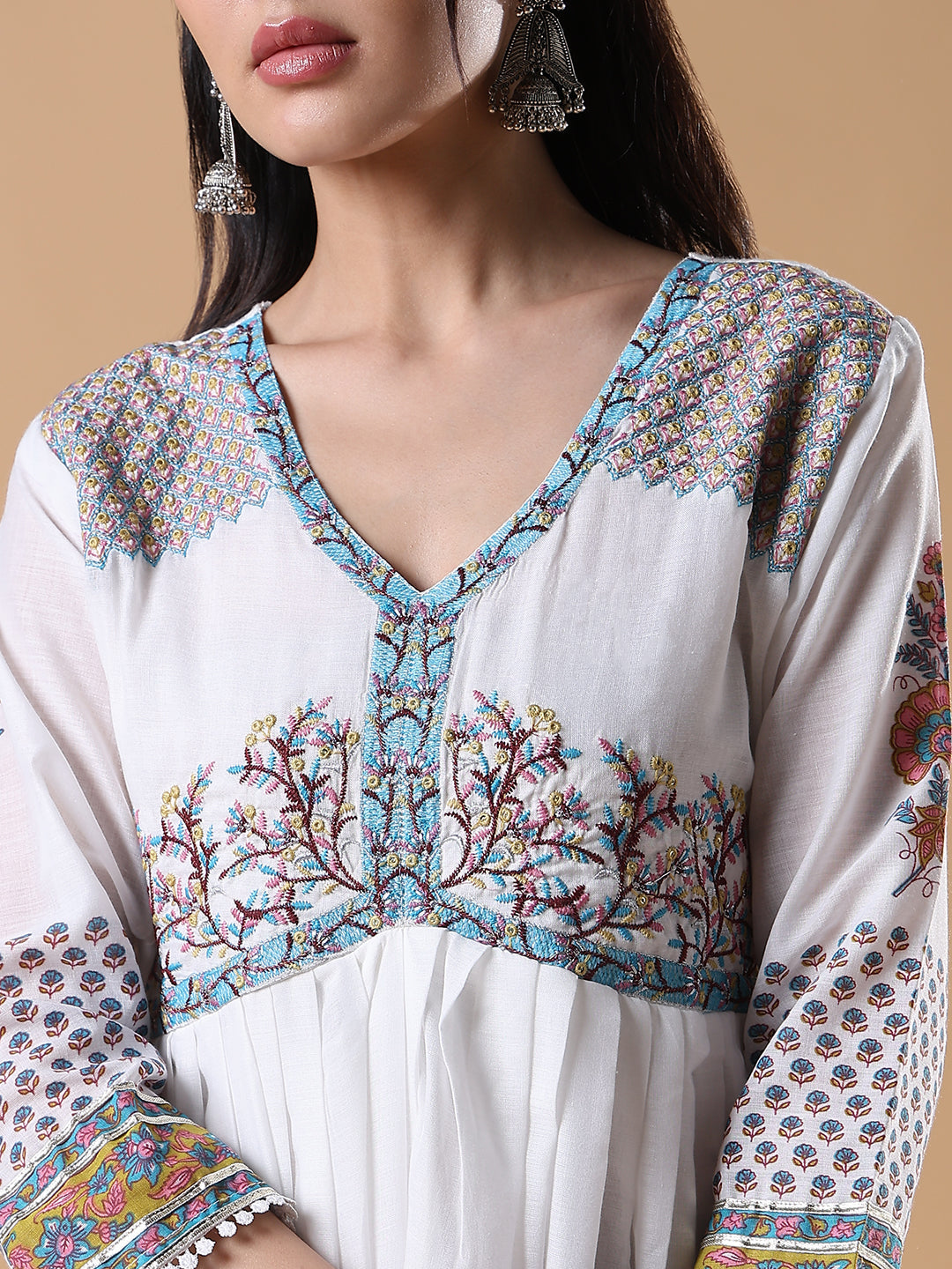 Women's White Printed Cotton Anarkali Kurta with Dupatta