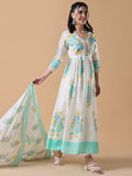 Women's White Floral Cotton Anarkali Kurta with Dupatta