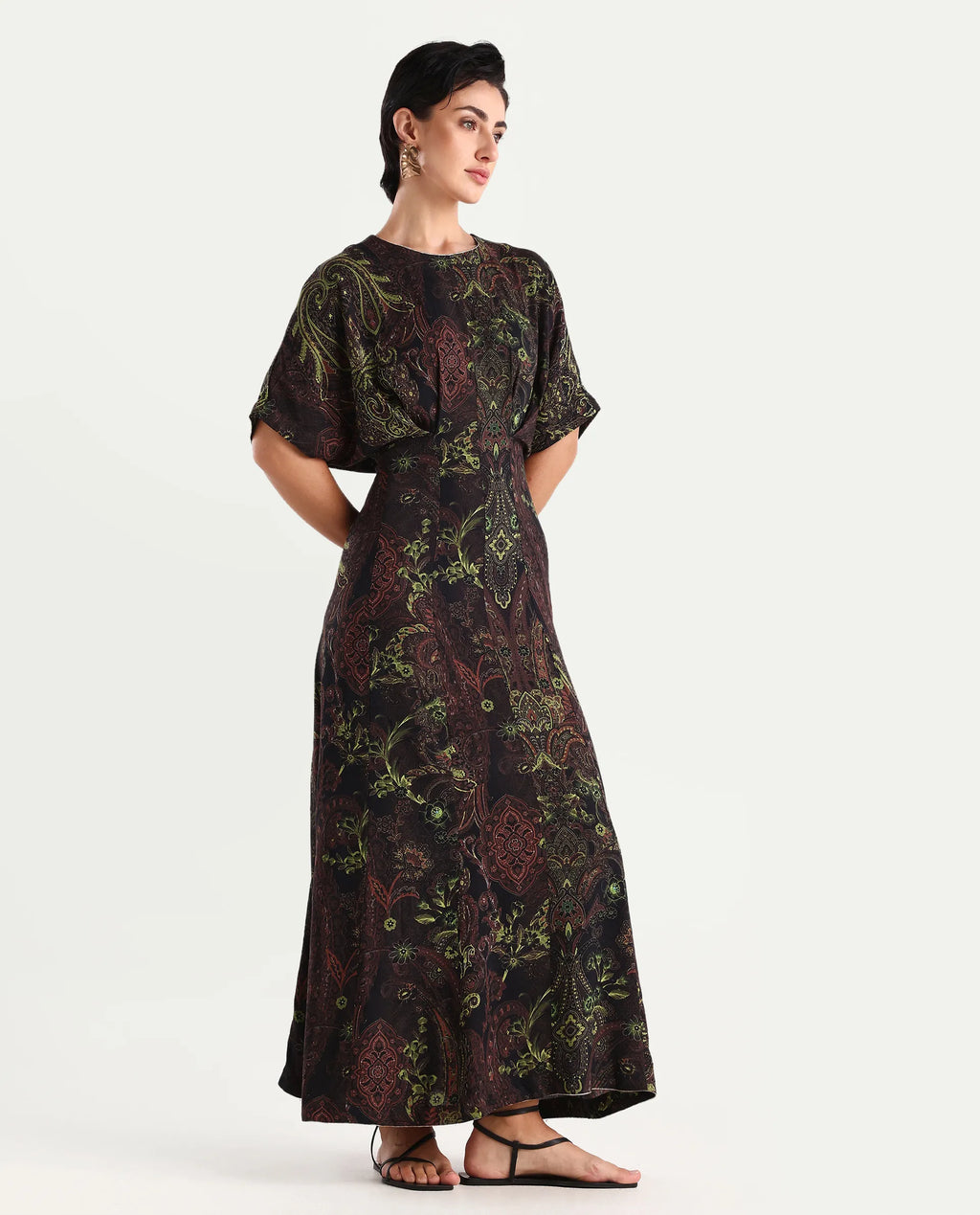Rareism Women's Ronam Dark Multi Viscose Round Neck Paisley Print Kimono Sleeve Maxi Flared Dress