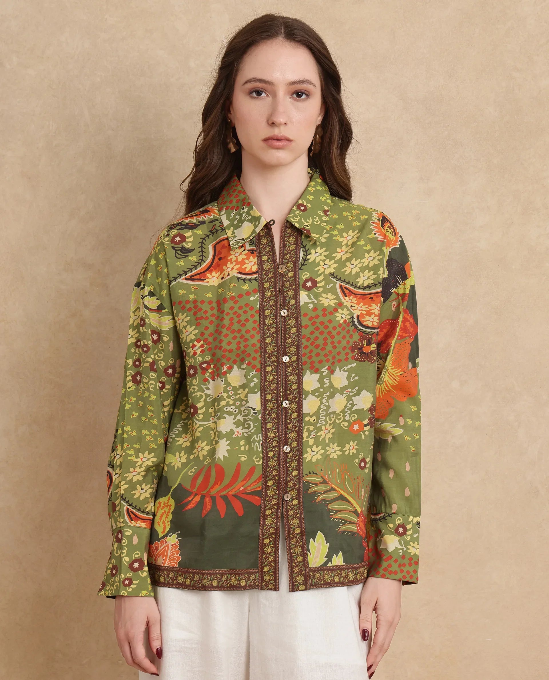 Rareism Women's Ronan Multi Viscose Blend Spread Collar Abstract Print Cuffed Sleeve Regular Fit Shirt