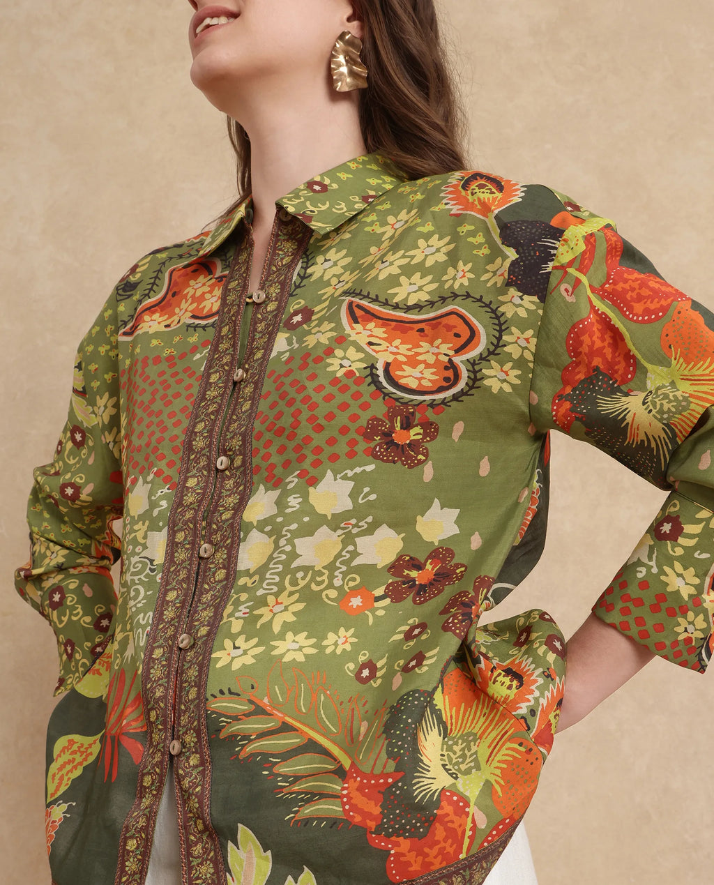 Rareism Women's Ronan Multi Viscose Blend Spread Collar Abstract Print Cuffed Sleeve Regular Fit Shirt