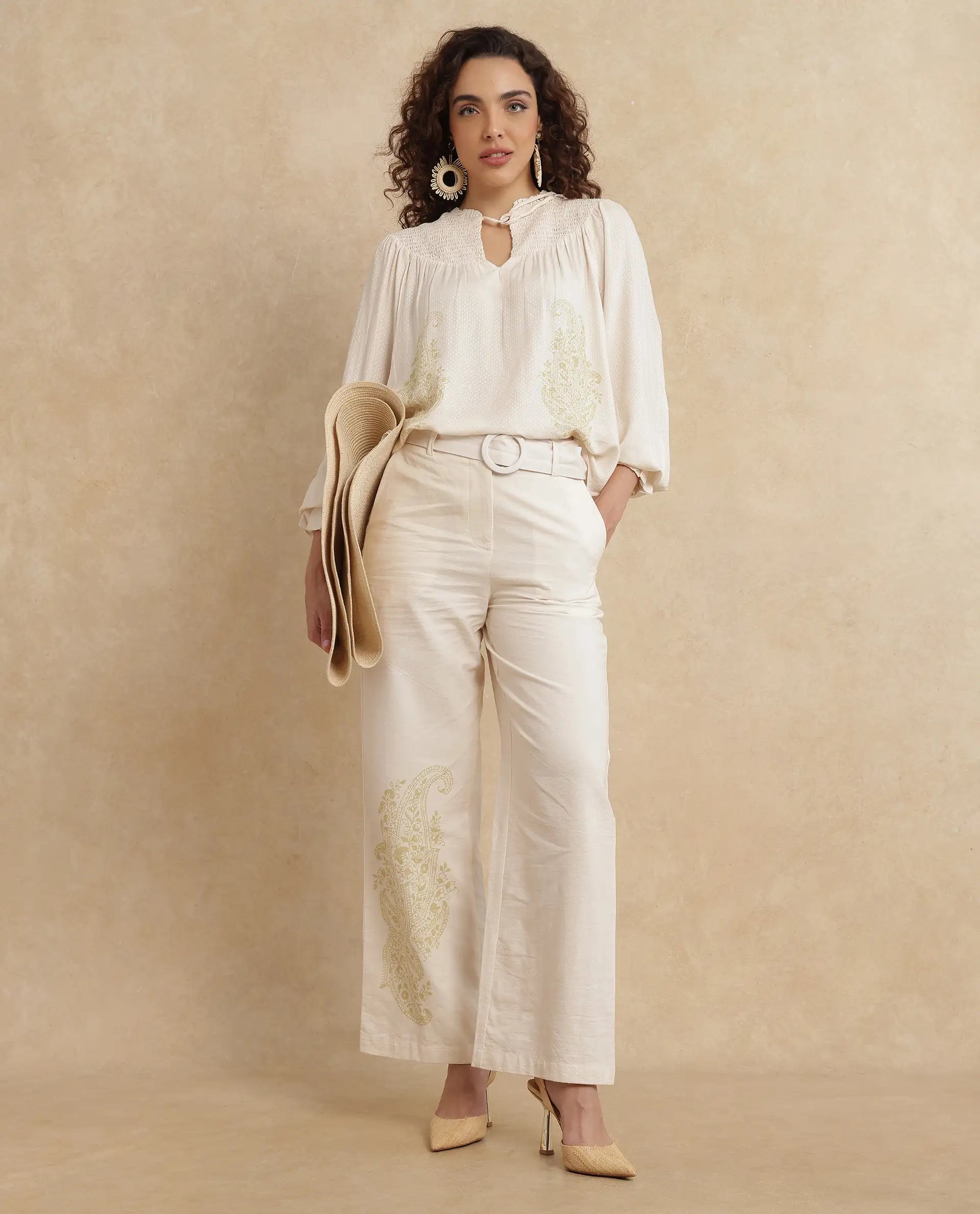 Rareism Women's Ronavi B Beige Cotton Paisley Print Ankle Length Wide Trouser