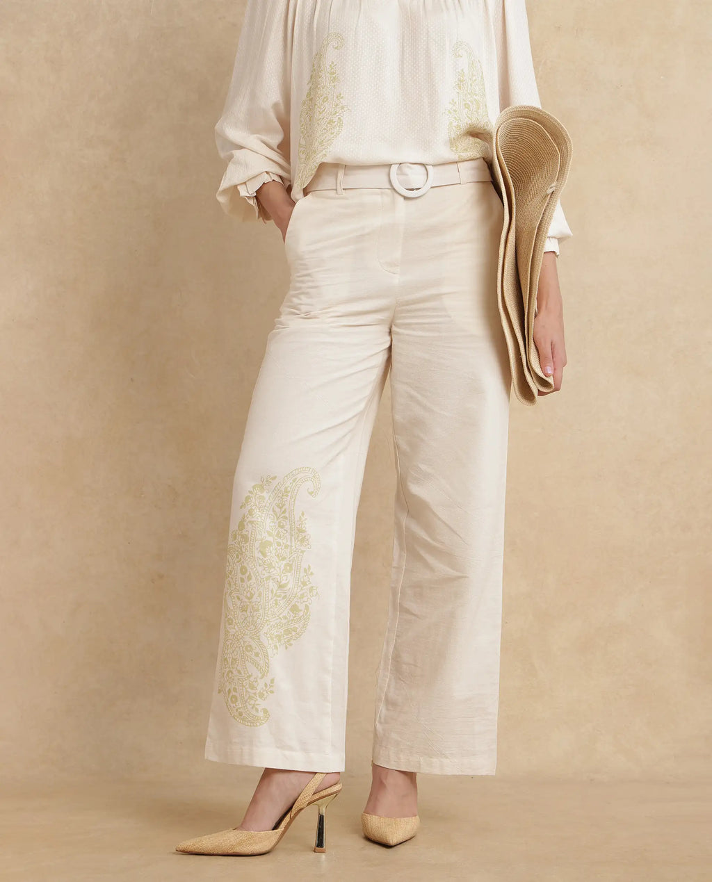 Rareism Women's Ronavi B Beige Cotton Paisley Print Ankle Length Wide Trouser