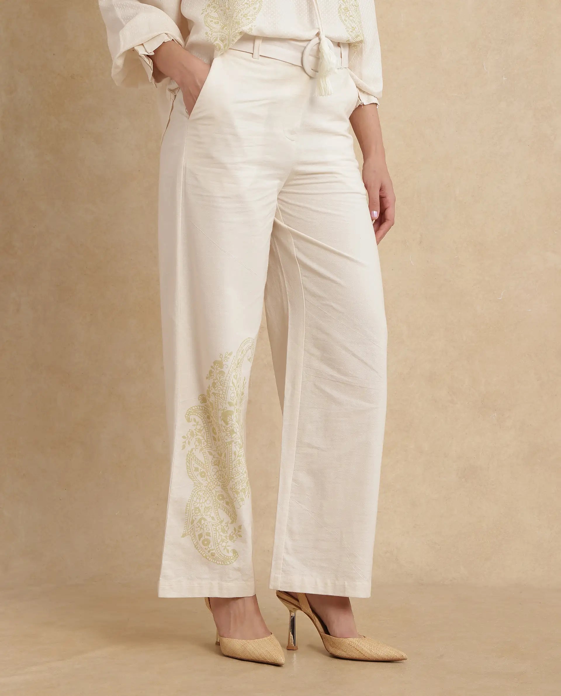 Rareism Women's Ronavi B Beige Cotton Paisley Print Ankle Length Wide Trouser