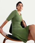 Rareism Women's Roncrod Dusky Olive Cotton Scoop Neck Plain Knee Length A-Line Dress