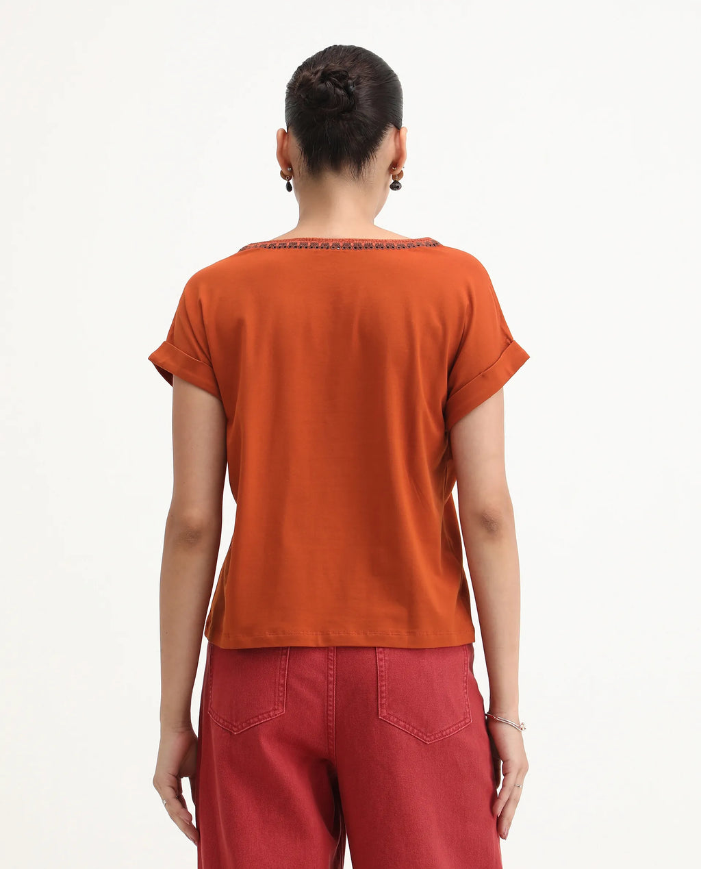 Rareism Women's Roncro Rust Cotton Blend Round Neck Plain Extended Sleeves Regular Fit T-Shirt