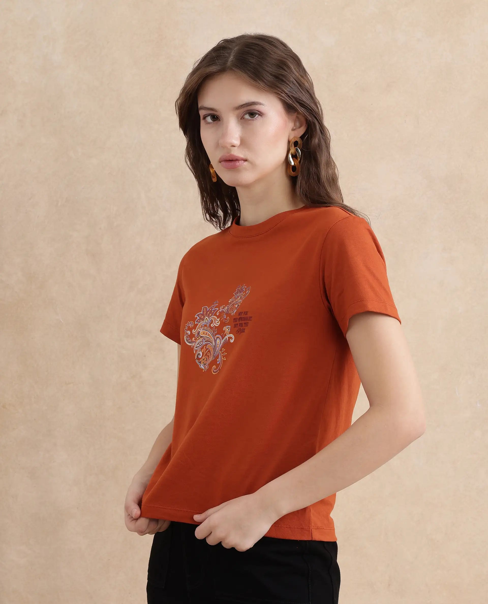 Rareism Women's Ronelp Rust Cotton Round Neck Paisley Print Regular Fit T-Shirt