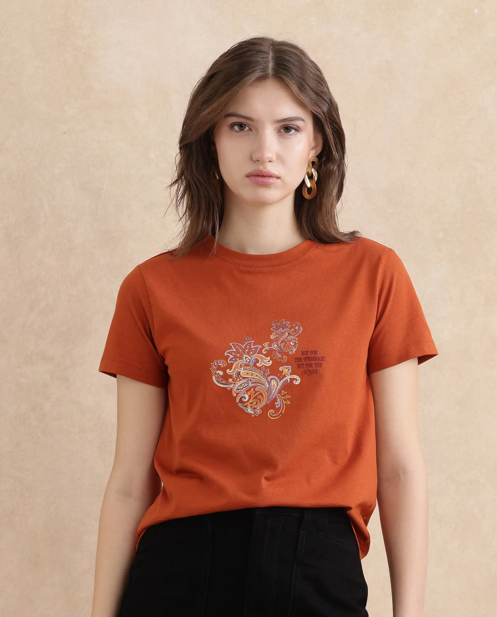 Rareism Women's Ronelp Rust Cotton Round Neck Paisley Print Regular Fit T-Shirt
