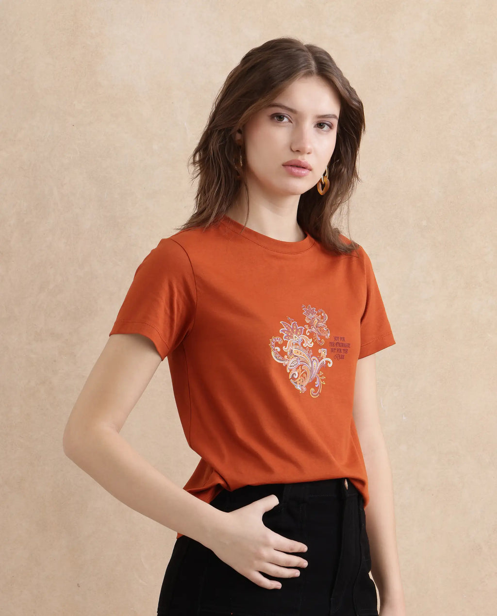 Rareism Women's Ronelp Rust Cotton Round Neck Paisley Print Regular Fit T-Shirt