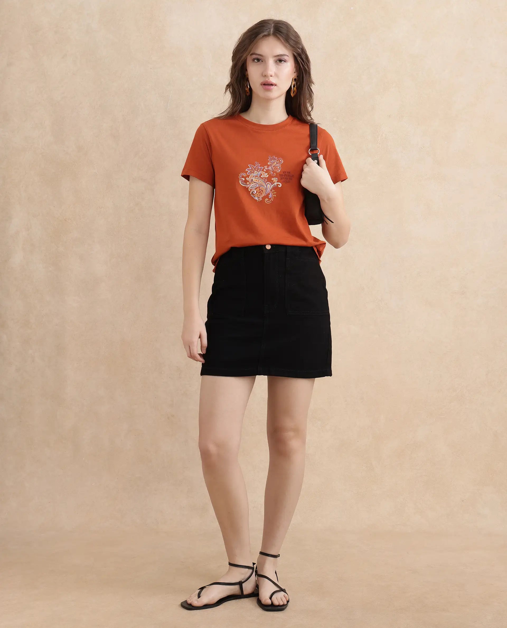 Rareism Women's Ronelp Rust Cotton Round Neck Paisley Print Regular Fit T-Shirt