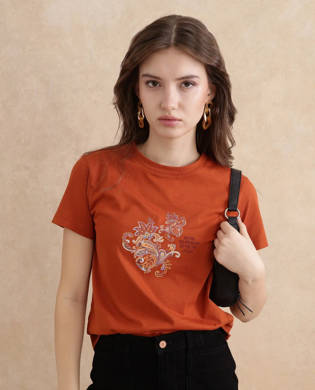 Rareism Women's Ronelp Rust Cotton Round Neck Paisley Print Regular Fit T-Shirt