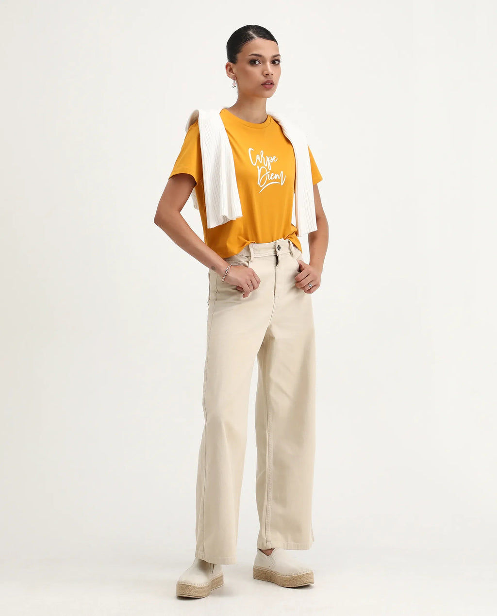 Rareism Women's Ronfel Mustard Cotton Round Neck Typography Print Crop Regular Fit T-Shirt