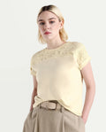 Rareism Women's Ronlac Off White Cotton Blend Round Neck Plain Extended Sleeves Regular Fit T-Shirt