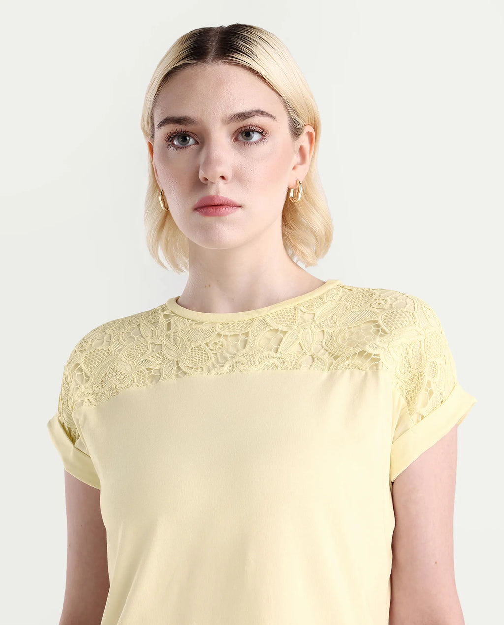 Rareism Women's Ronlac Off White Cotton Blend Round Neck Plain Extended Sleeves Regular Fit T-Shirt