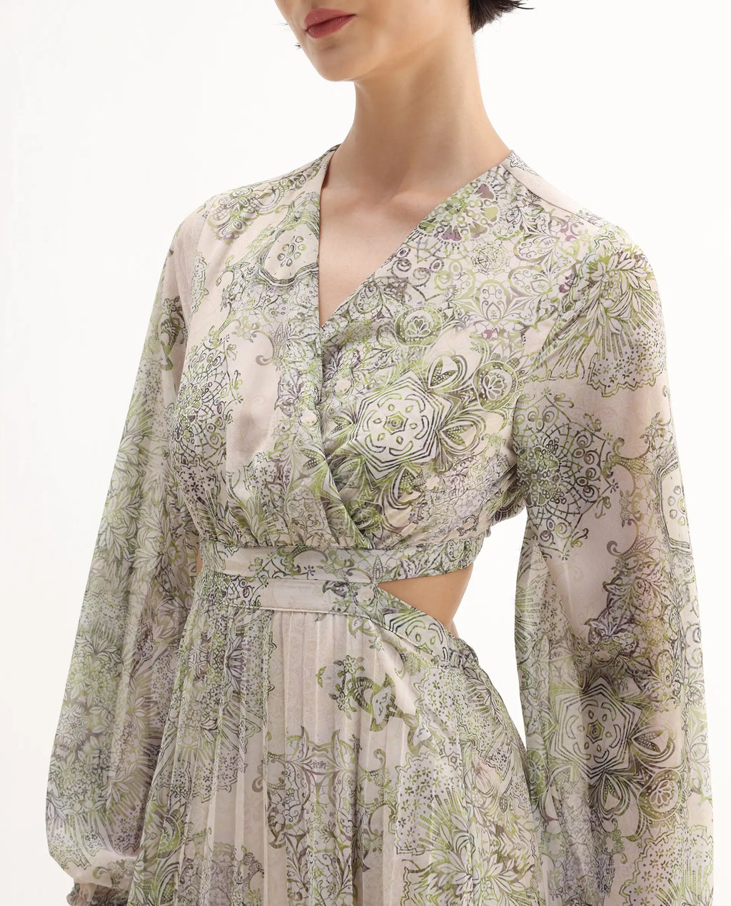 Rareism Women's Ronmus Light Green Polyester V-Neck Abstract Print Bishop Sleeve Maxi Fit And Flare Dress