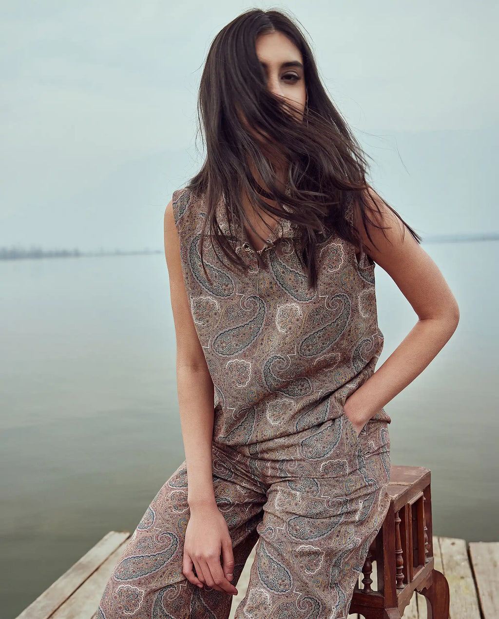 Rareism Women's Ronoro-T Multi Cotton Spread Collar Paisley Print Sleeveless Boxy Fit Top